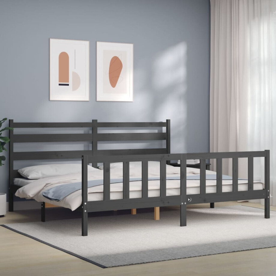 vidaXL Bedframe met hoofdbord massief hout grijs 200x200 cm vidaXL Bedframe met hoofdbord massief hout grijs 200x200 cm afbeelding 1