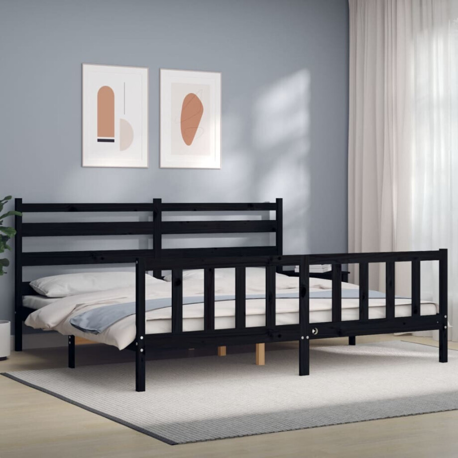 vidaXL Bedframe met hoofdbord massief hout zwart 200x200 cm afbeelding 1