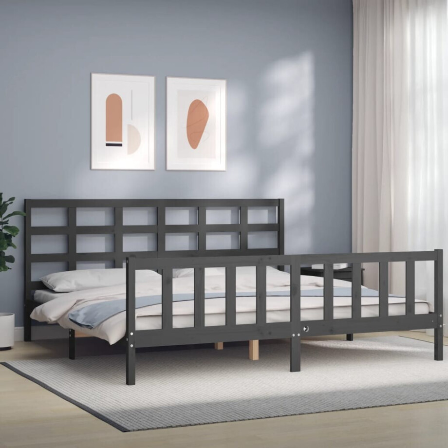 vidaXL Bedframe met hoofdbord massief hout grijs 200x200 cm afbeelding 1