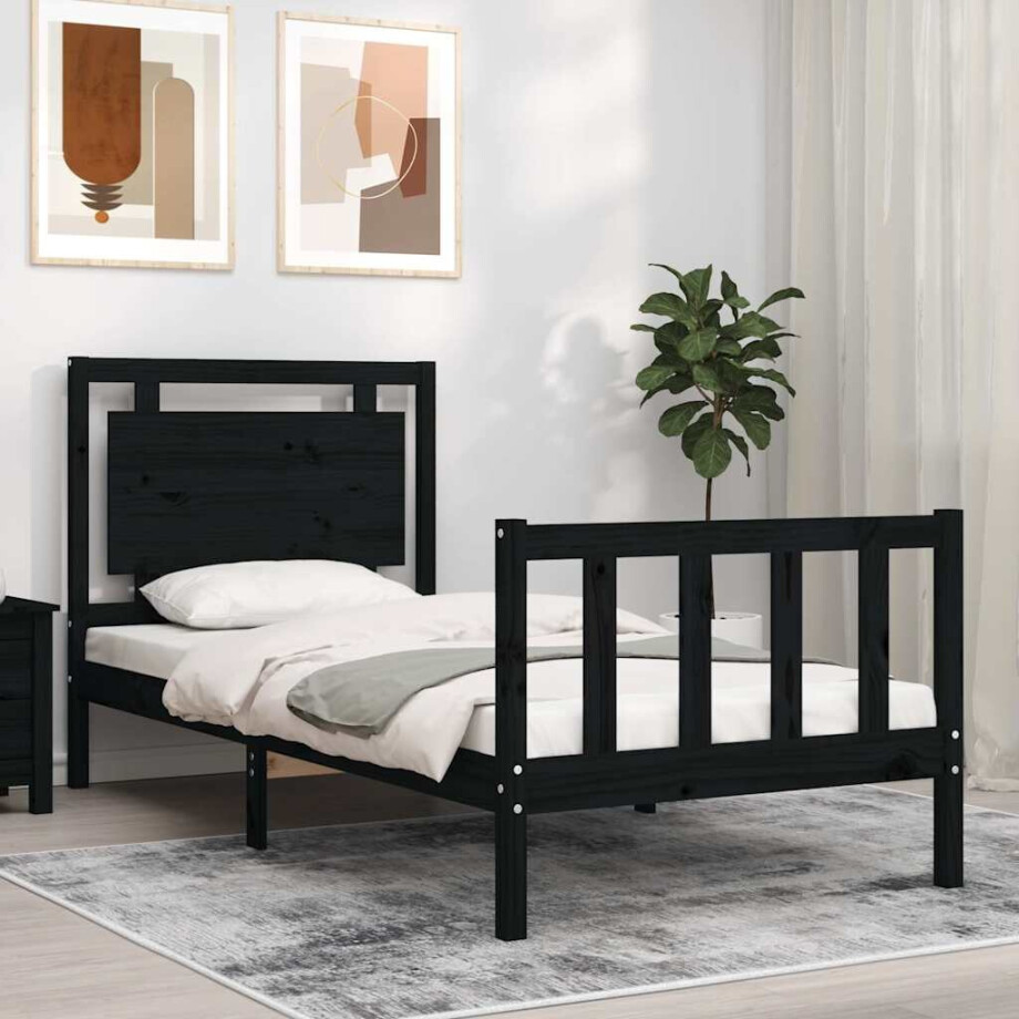 vidaXL Bedframe met hoofdbord massief hout zwart vidaXL Bedframe met hoofdbord massief hout zwart afbeelding 1