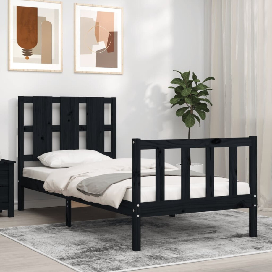 vidaXL Bedframe met hoofdbord massief hout zwart vidaXL Bedframe met hoofdbord massief hout zwart afbeelding 1