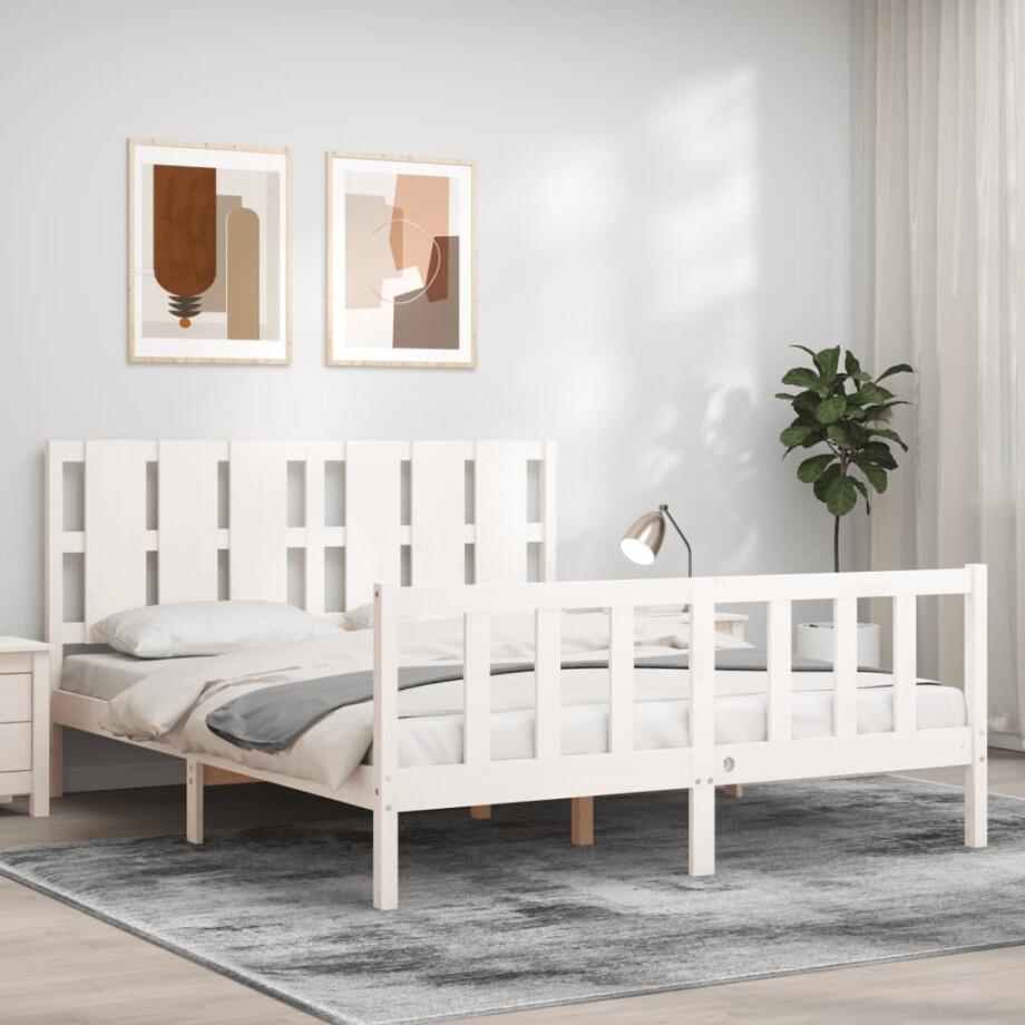 vidaXL Bedframe met hoofdbord massief hout wit vidaXL Bedframe met hoofdbord massief hout wit afbeelding 1