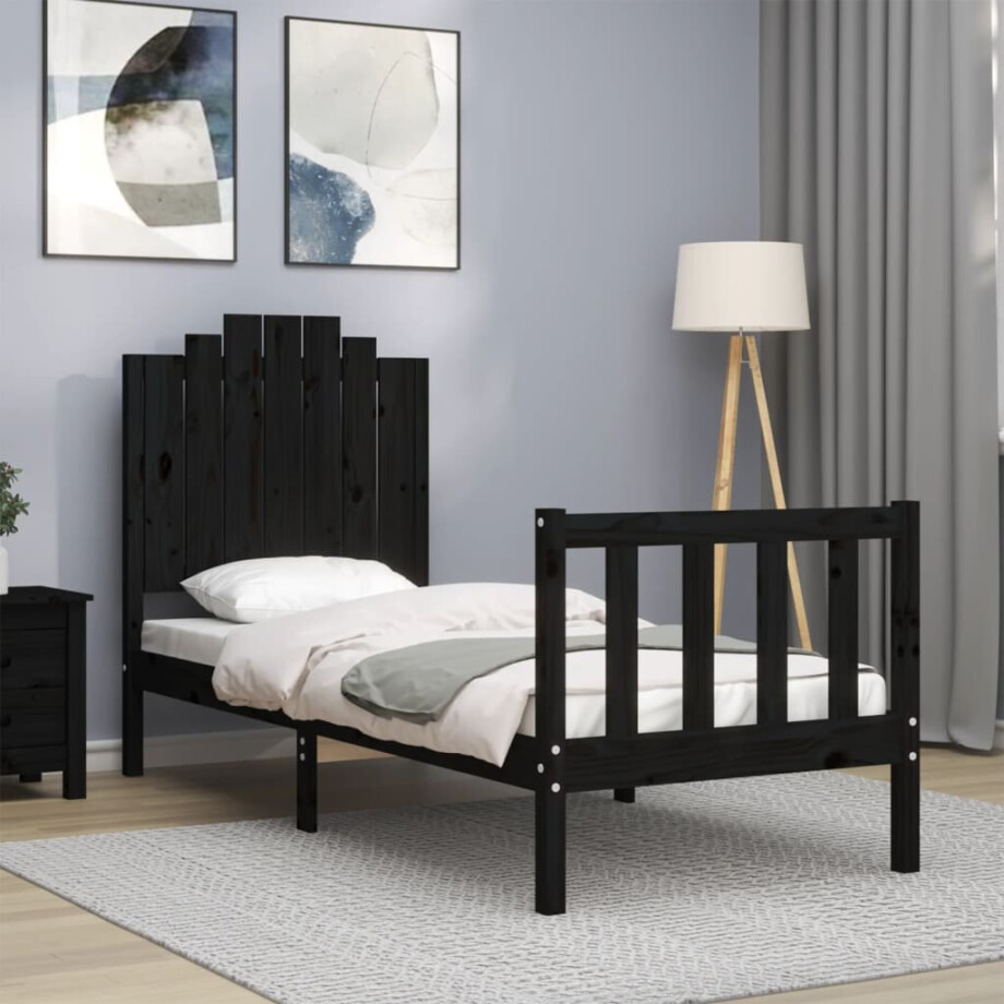 vidaXL Bedframe met hoofdbord massief hout zwart vidaXL Bedframe met hoofdbord massief hout zwart afbeelding 1