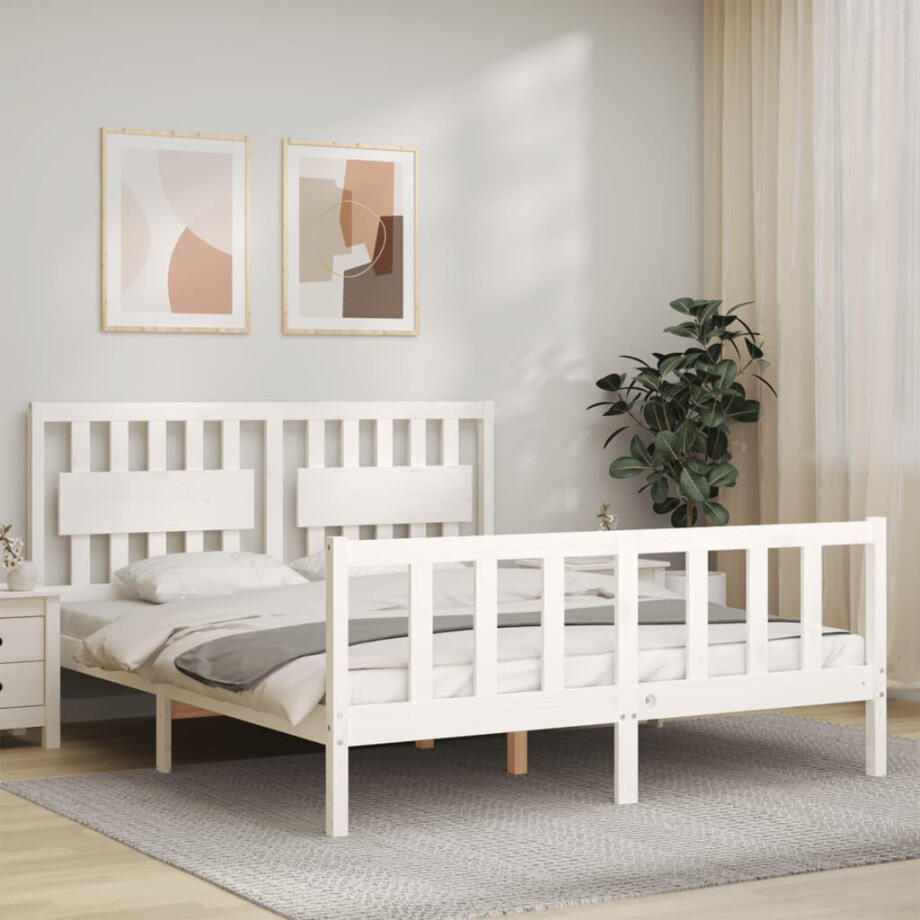 vidaXL Bedframe met hoofdbord massief hout wit vidaXL Bedframe met hoofdbord massief hout wit afbeelding 1