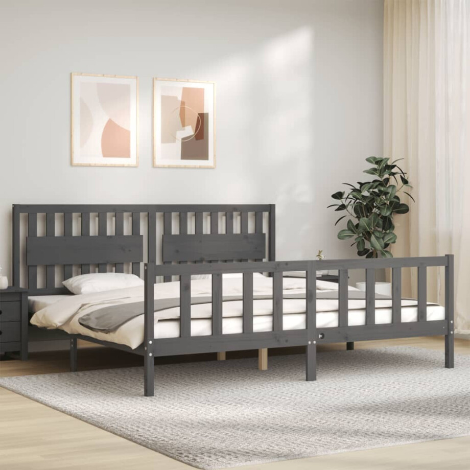 vidaXL Bedframe met hoofdbord massief hout grijs 200x200 cm afbeelding 1