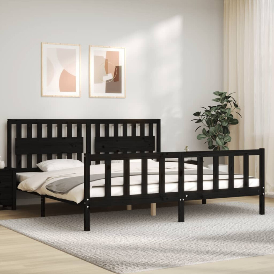 vidaXL Bedframe met hoofdbord massief hout zwart 200x200 cm vidaXL Bedframe met hoofdbord massief hout zwart 200x200 cm afbeelding 1