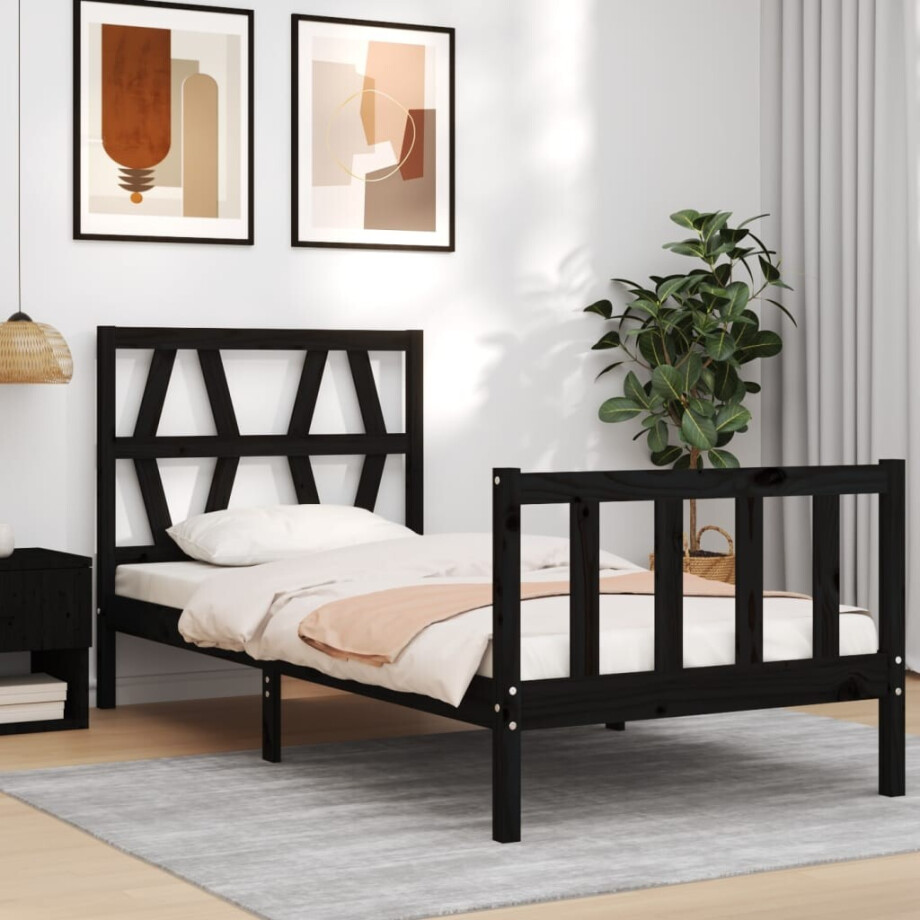 vidaXL Bedframe met hoofdbord massief hout zwart afbeelding 1