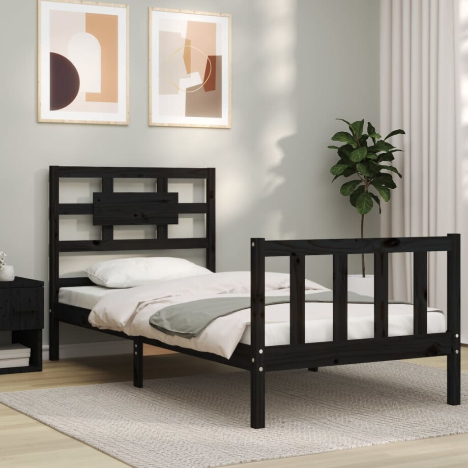 vidaXL Bedframe met hoofdbord massief hout zwart vidaXL Bedframe met hoofdbord massief hout zwart afbeelding 1