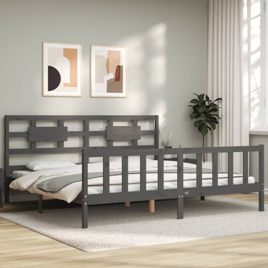vidaXL Bedframe met hoofdbord massief hout grijs 200x200 cm afbeelding 1