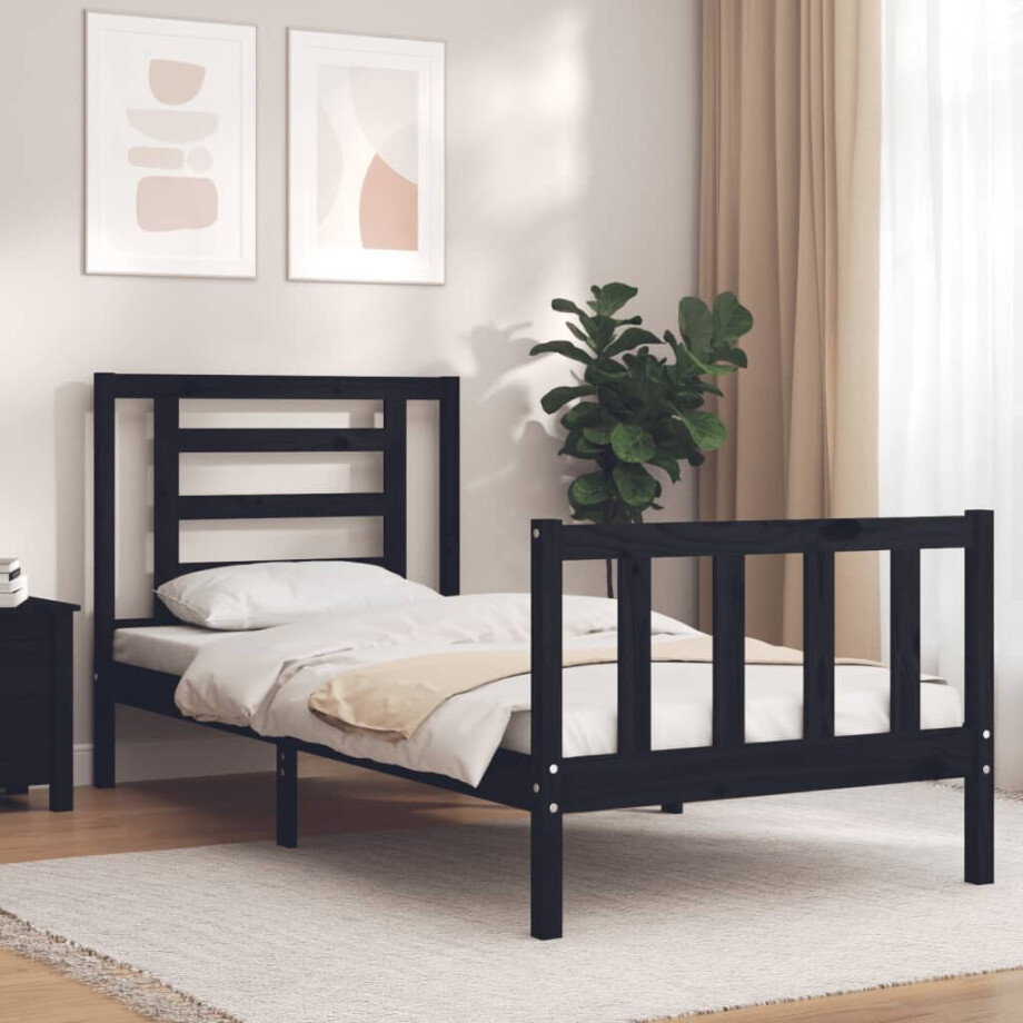vidaXL Bedframe met hoofdbord massief hout zwart afbeelding 1