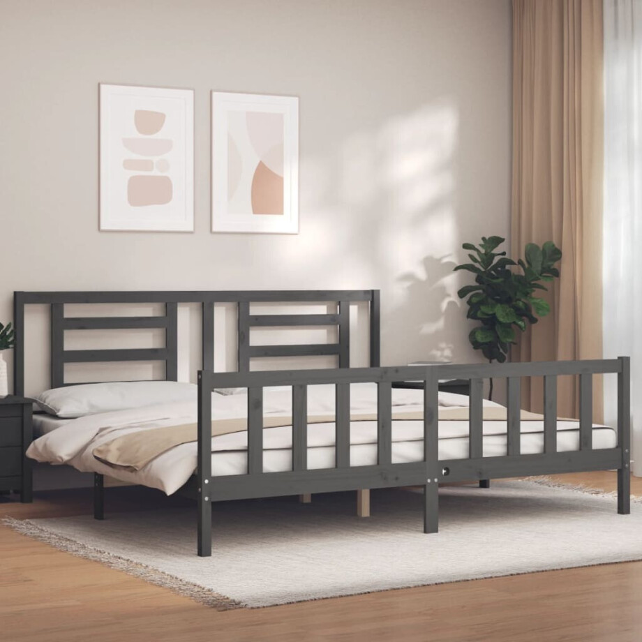 vidaXL Bedframe met hoofdbord massief hout grijs 200x200 cm afbeelding 1