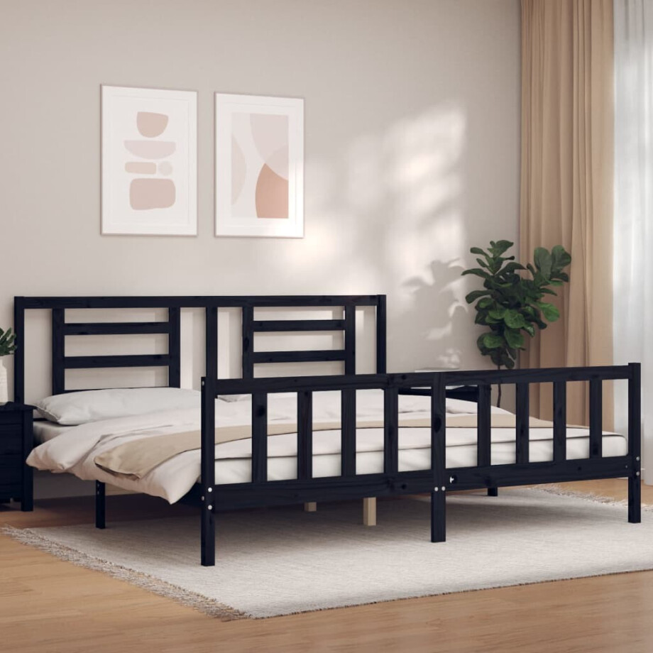 vidaXL Bedframe met hoofdbord massief hout zwart 200x200 cm vidaXL Bedframe met hoofdbord massief hout zwart 200x200 cm afbeelding 1