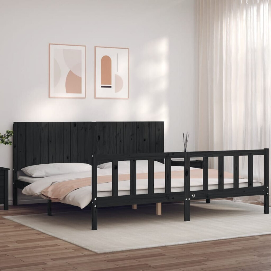vidaXL Bedframe met hoofdbord massief hout zwart 200x200 cm afbeelding 1