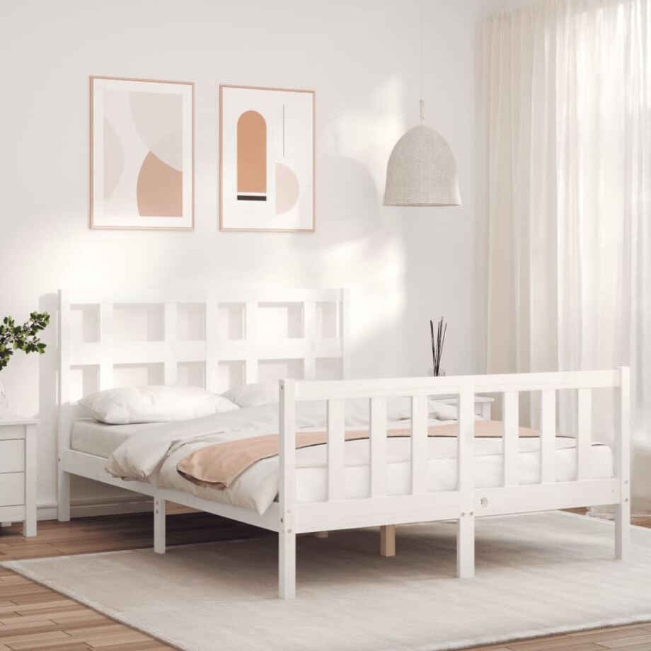 vidaXL Bedframe met hoofdbord massief hout wit vidaXL Bedframe met hoofdbord massief hout wit afbeelding 1