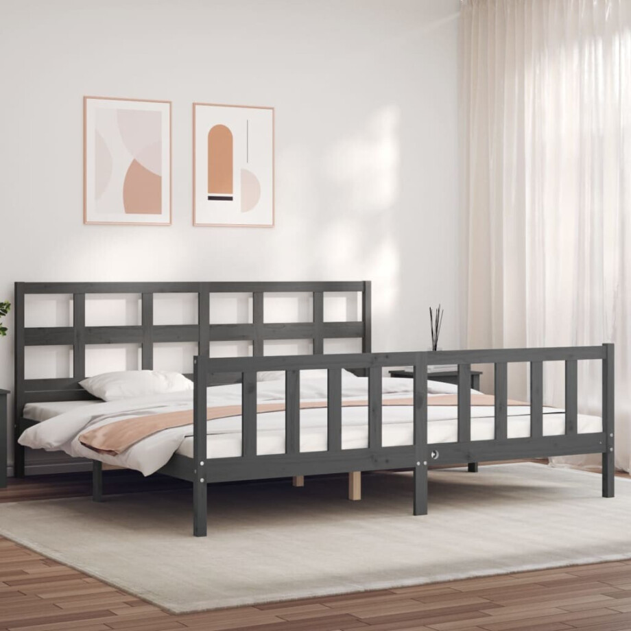 vidaXL Bedframe met hoofdbord massief hout grijs 200x200 cm vidaXL Bedframe met hoofdbord massief hout grijs 200x200 cm afbeelding 1