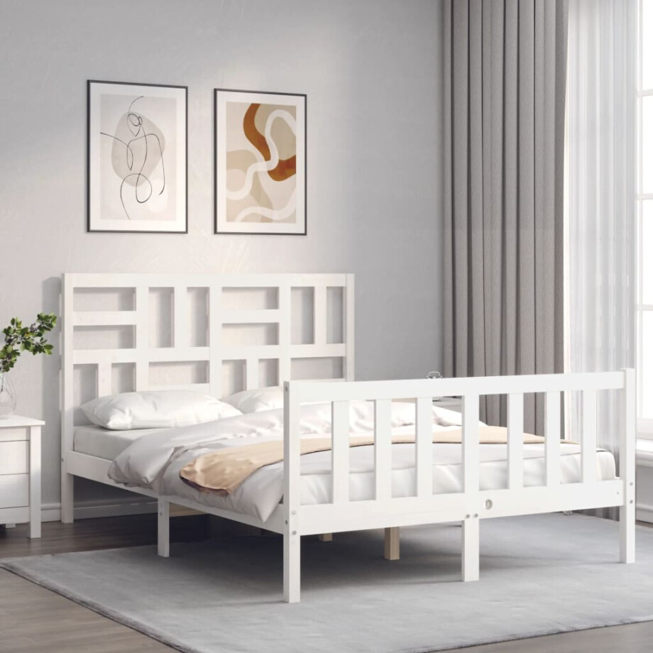 vidaXL Bedframe met hoofdbord massief hout wit vidaXL Bedframe met hoofdbord massief hout wit afbeelding 1
