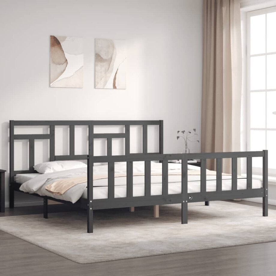 vidaXL Bedframe met hoofdbord massief hout grijs 200x200 cm vidaXL Bedframe met hoofdbord massief hout grijs 200x200 cm afbeelding 1