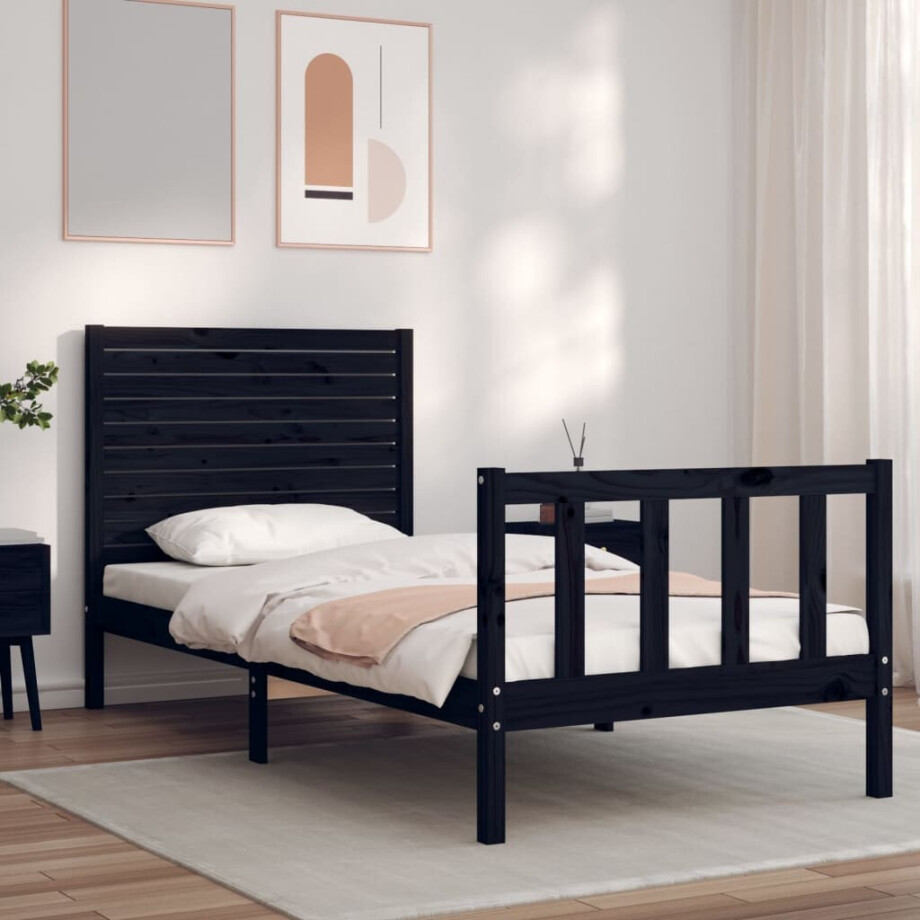 vidaXL Bedframe met hoofdbord massief hout zwart afbeelding 1