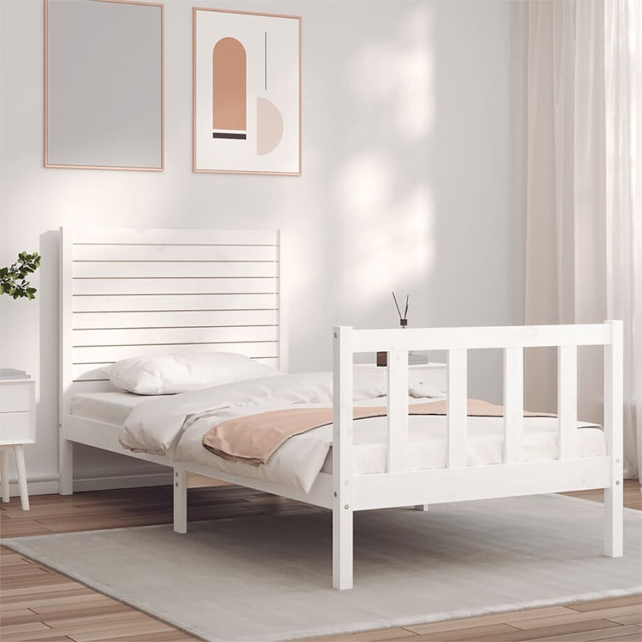 vidaXL Bedframe met hoofdbord massief hout wit afbeelding 1
