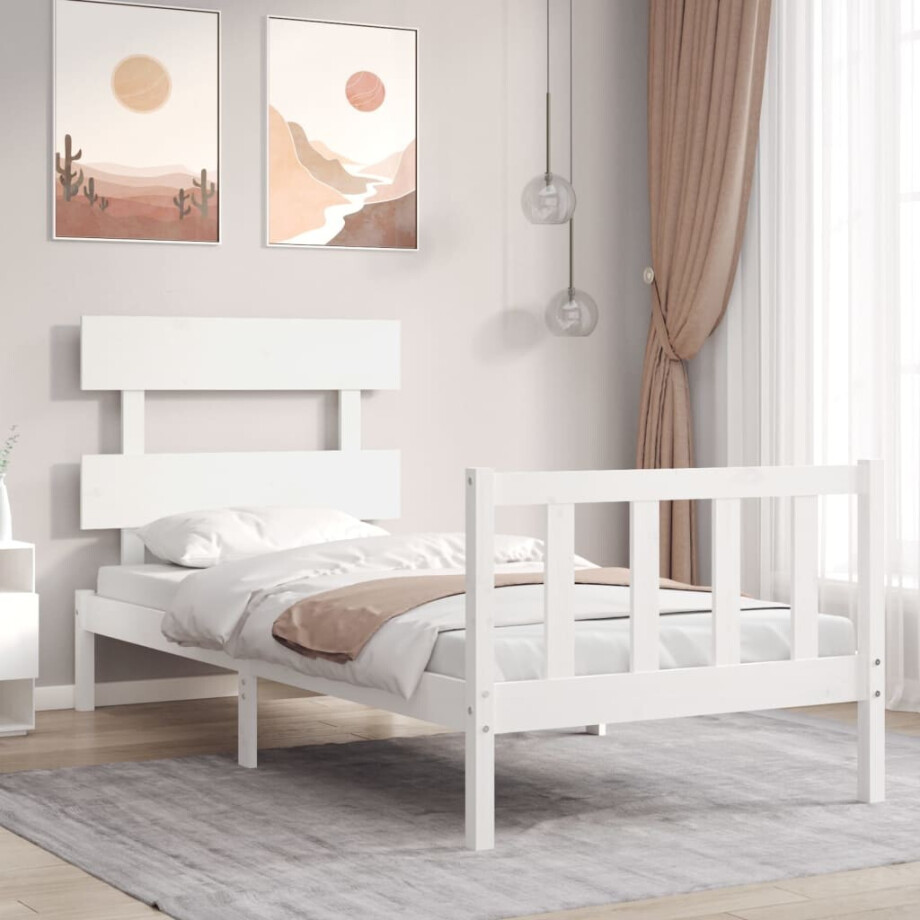 vidaXL Bedframe met hoofdbord massief hout wit afbeelding 1
