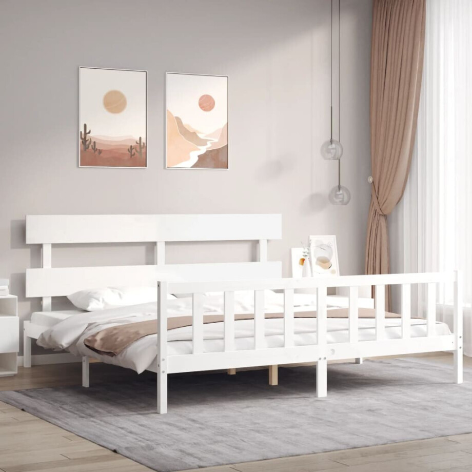 vidaXL Bedframe met hoofdbord massief hout wit afbeelding 1