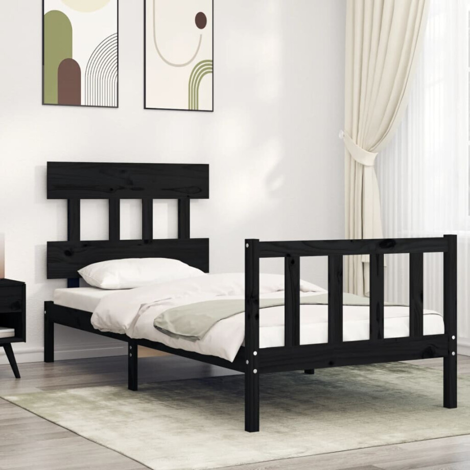 vidaXL Bedframe met hoofdbord massief hout zwart vidaXL Bedframe met hoofdbord massief hout zwart afbeelding 1