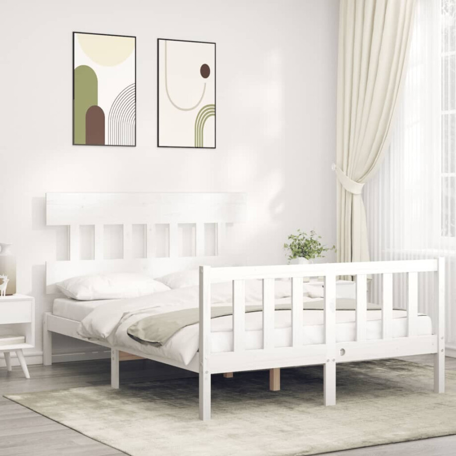 vidaXL Bedframe met hoofdbord massief hout wit vidaXL Bedframe met hoofdbord massief hout wit afbeelding 1