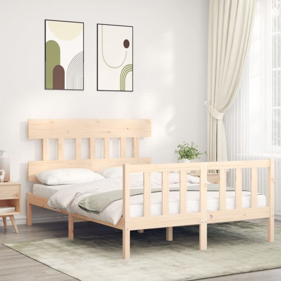 vidaXL Bedframe met hoofdbord massief hout 140x190 cm afbeelding 1