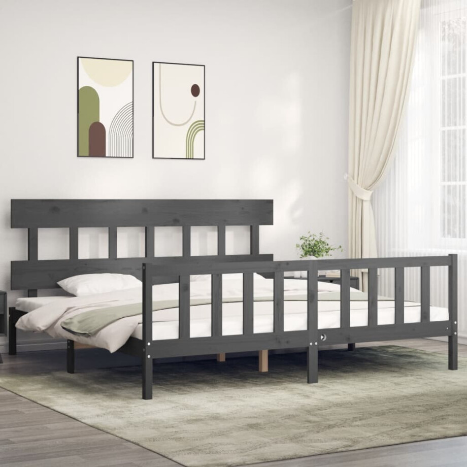 vidaXL Bedframe met hoofdbord massief hout grijs 200x200 cm afbeelding 1