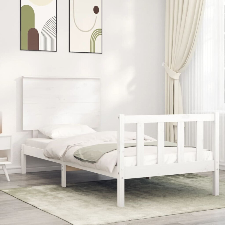 vidaXL Bedframe met hoofdbord massief hout wit afbeelding 1