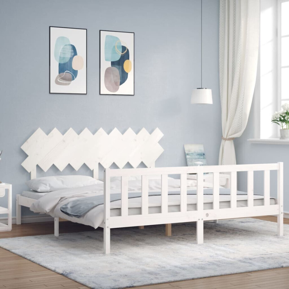 vidaXL Bedframe met hoofdbord massief hout wit Super King Size afbeelding 1