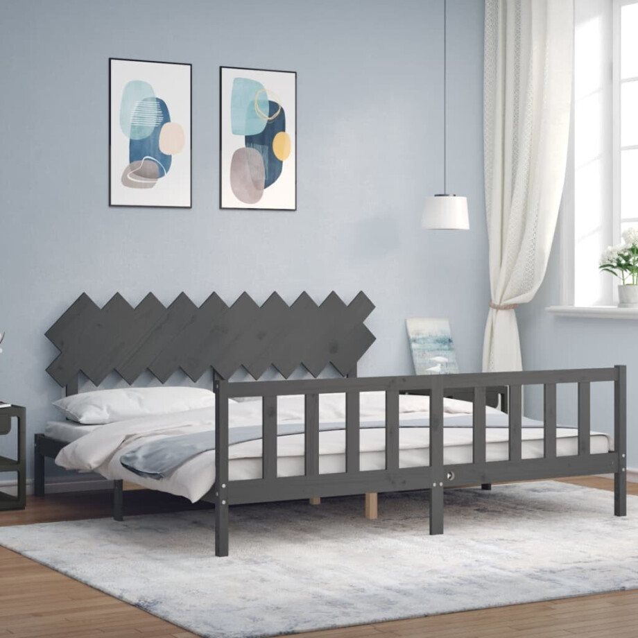 vidaXL Bedframe met hoofdbord massief hout grijs 200x200 cm afbeelding 1