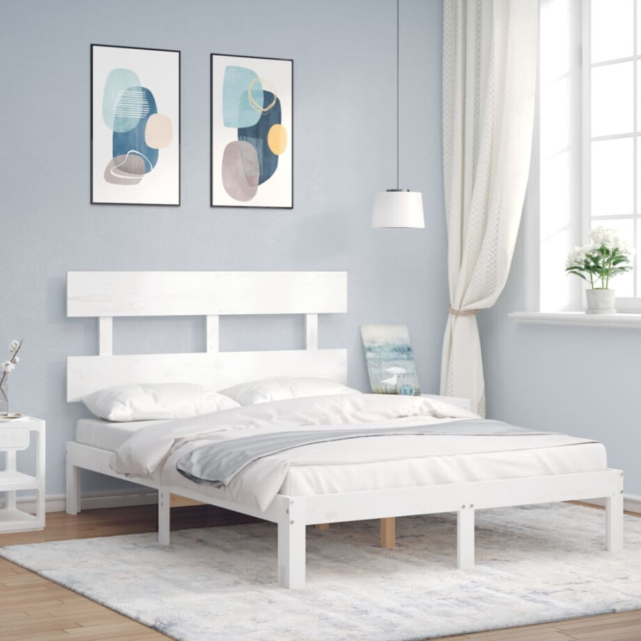 vidaXL Bedframe met hoofdbord massief hout wit vidaXL Bedframe met hoofdbord massief hout wit afbeelding 1