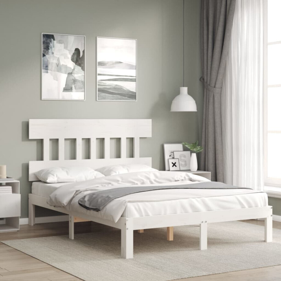 vidaXL Bedframe met hoofdbord massief hout wit vidaXL Bedframe met hoofdbord massief hout wit afbeelding 1