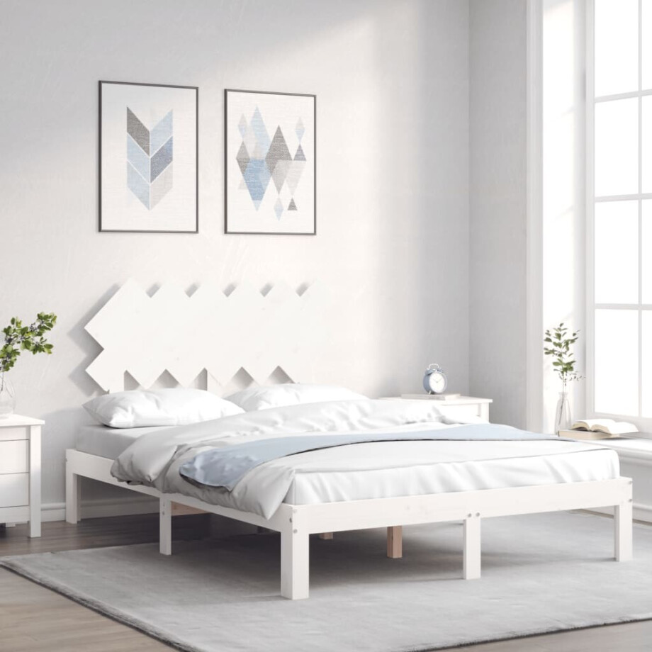 vidaXL Bedframe met hoofdbord massief hout wit vidaXL Bedframe met hoofdbord massief hout wit afbeelding 1