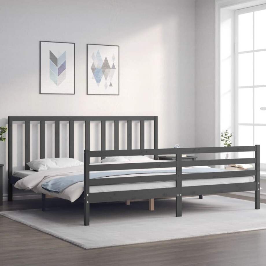 vidaXL Bedframe met hoofdbord massief hout grijs 200x200 cm afbeelding 1