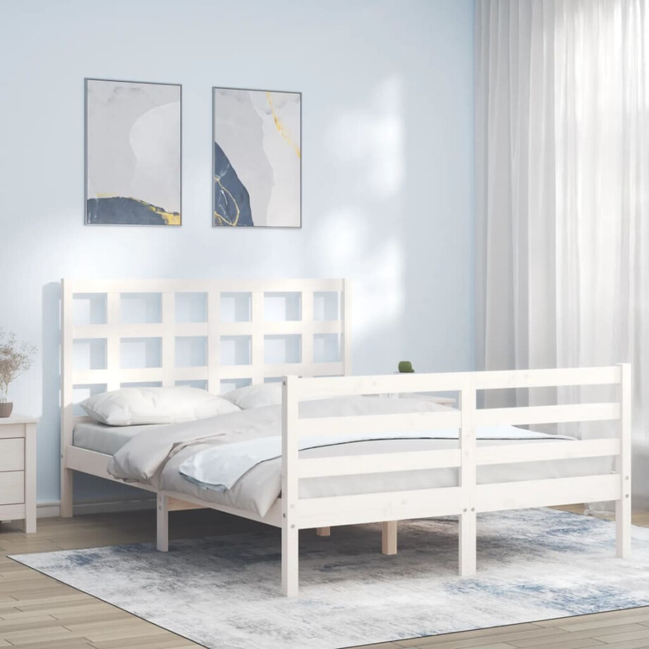 vidaXL Bedframe met hoofdbord massief hout wit afbeelding 1