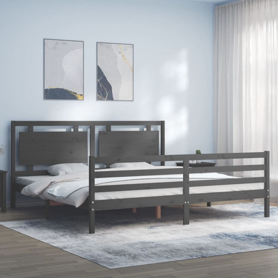 vidaXL Bedframe met hoofdbord massief hout grijs 200x200 cm afbeelding 1