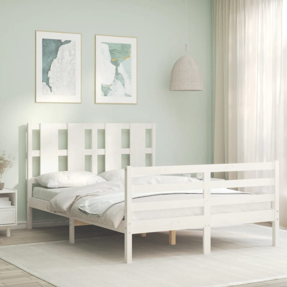 vidaXL Bedframe met hoofdbord massief hout wit vidaXL Bedframe met hoofdbord massief hout wit afbeelding 1