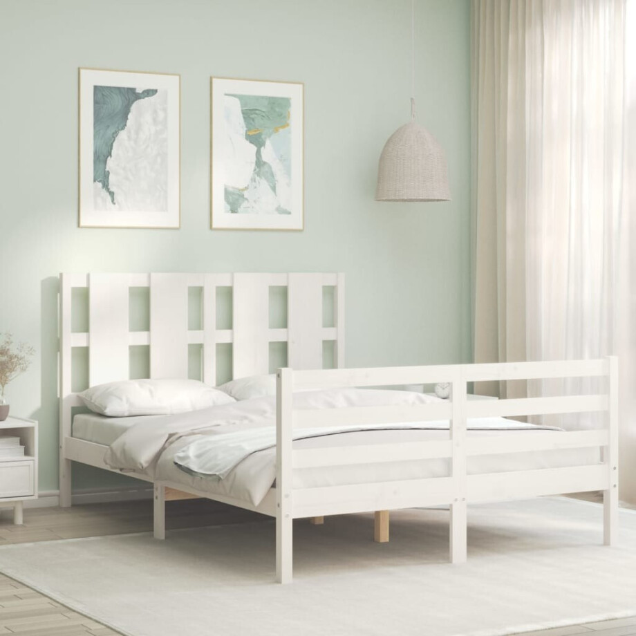 vidaXL Bedframe met hoofdbord massief hout wit 140x190 cm afbeelding 1