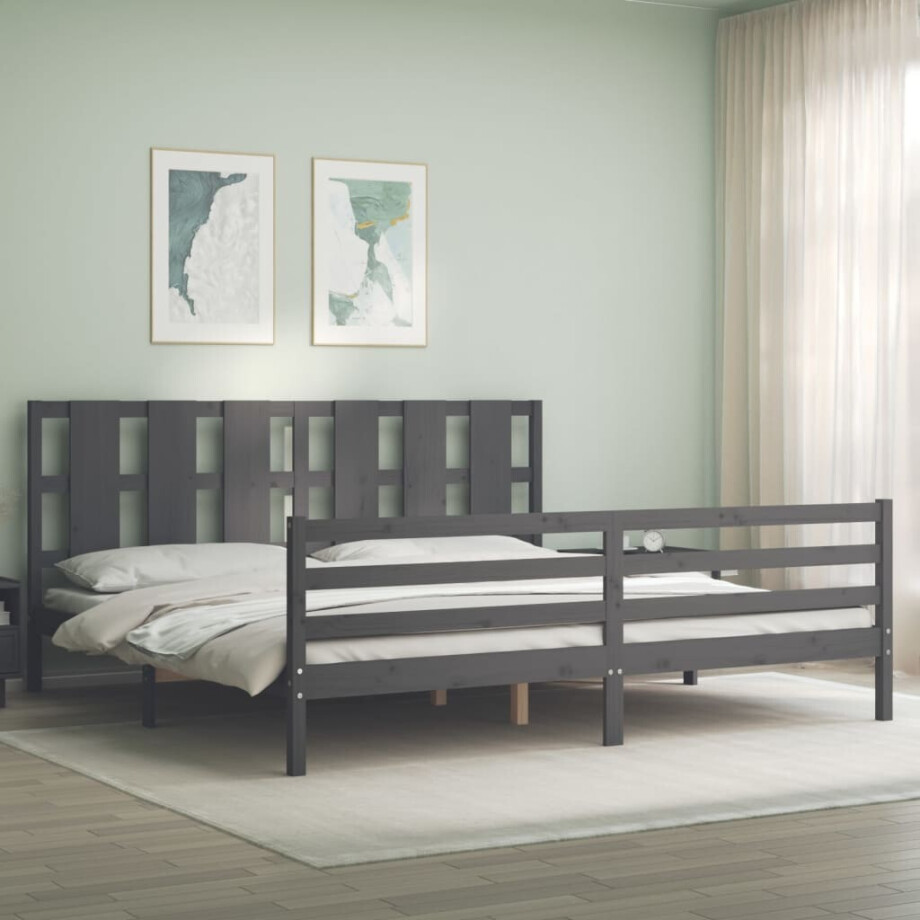 vidaXL Bedframe met hoofdbord massief hout grijs 200x200 cm afbeelding 1