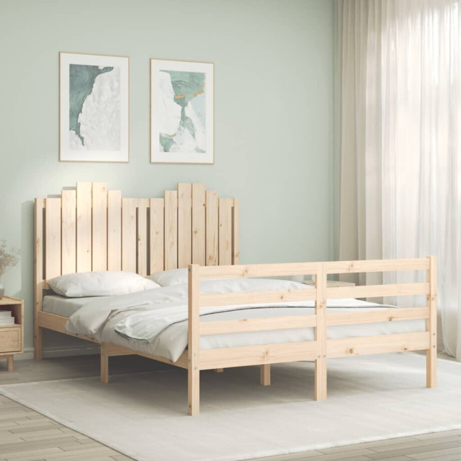 vidaXL Bedframe met hoofdbord massief hout 140x200 cm afbeelding 1