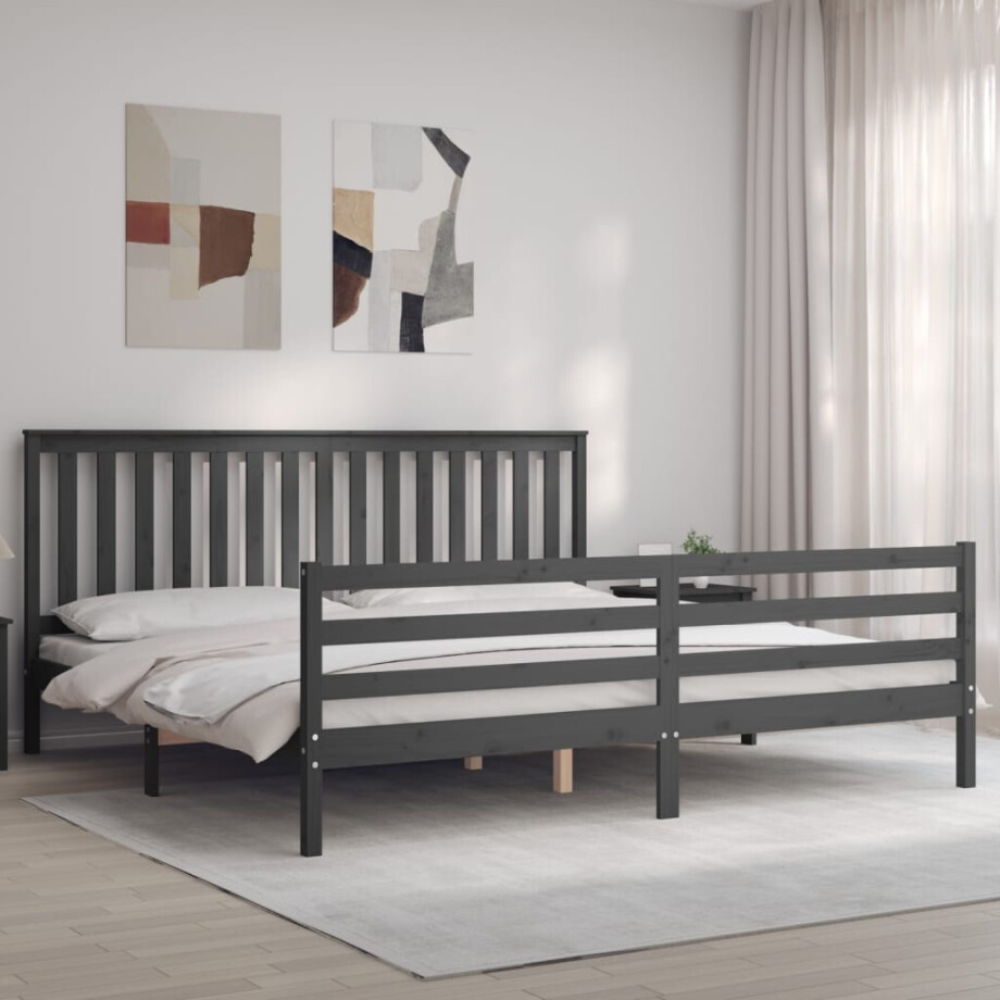 vidaXL Bedframe met hoofdbord massief hout grijs 200x200 cm afbeelding 1