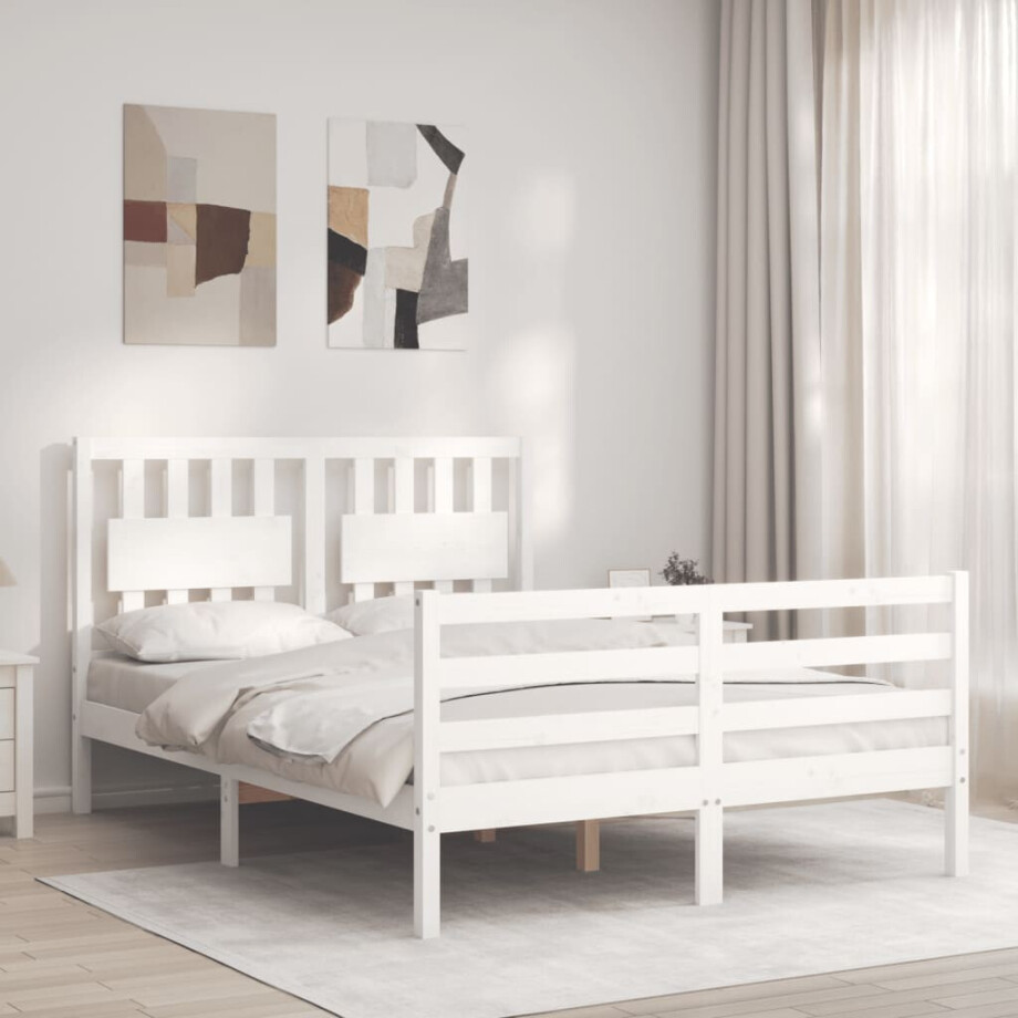vidaXL Bedframe met hoofdbord massief hout wit 140x190 cm afbeelding 1