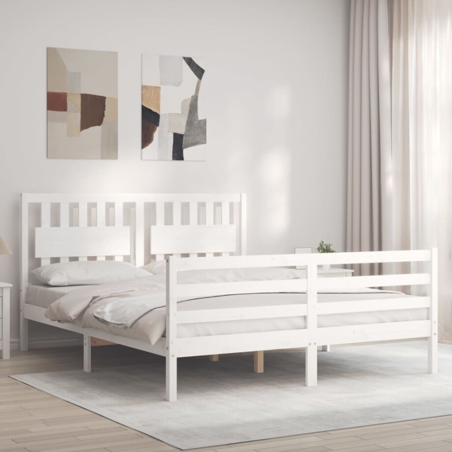 vidaXL Bedframe met hoofdbord massief hout wit vidaXL Bedframe met hoofdbord massief hout wit afbeelding 1