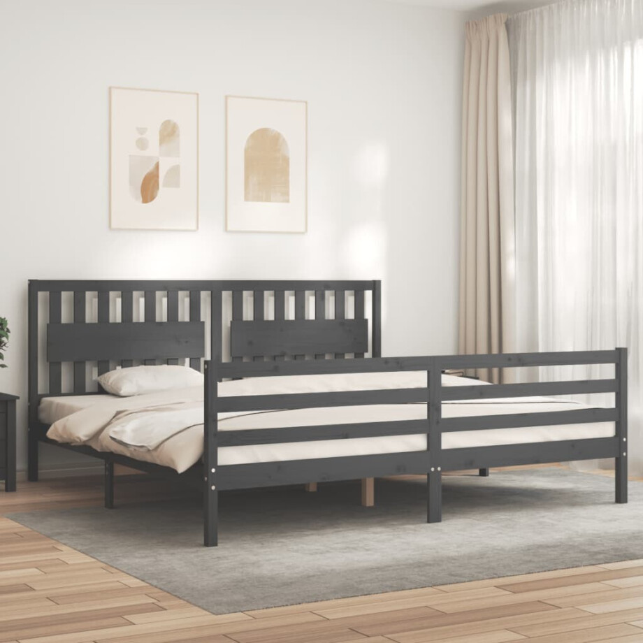 vidaXL Bedframe met hoofdbord massief hout grijs 200x200 cm afbeelding 1
