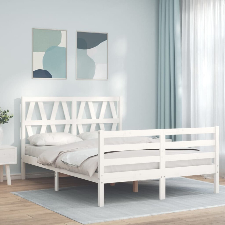 vidaXL Bedframe met hoofdbord massief hout wit afbeelding 1