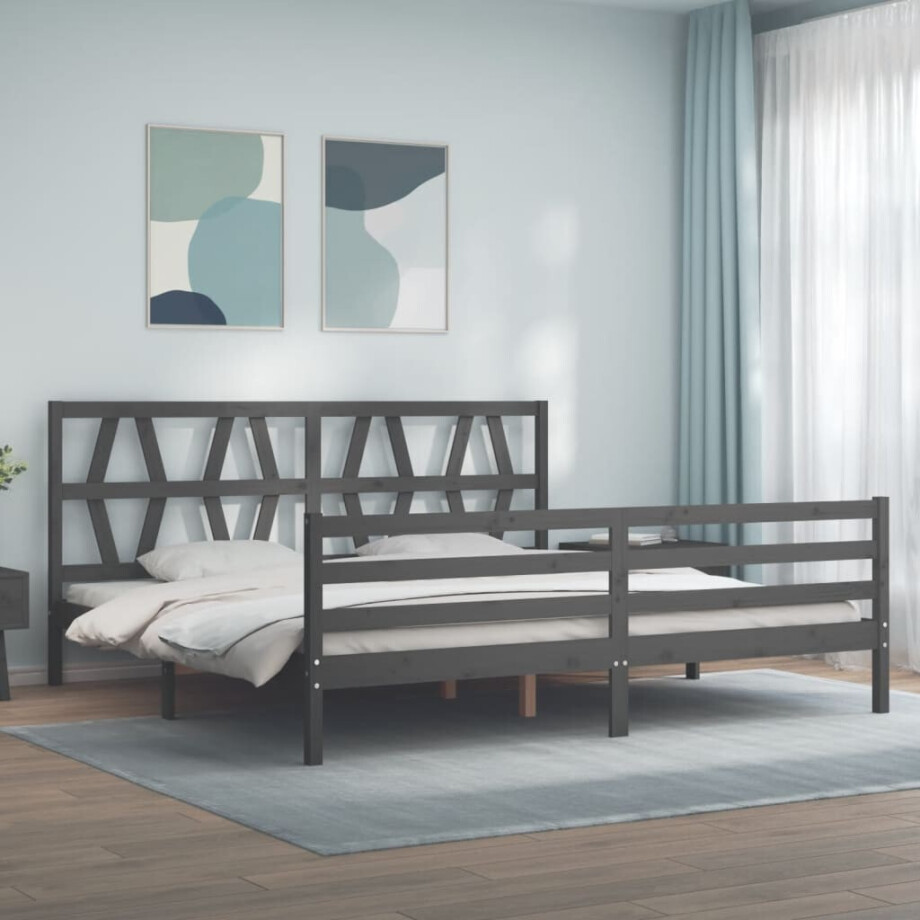 vidaXL Bedframe met hoofdbord massief hout grijs 200x200 cm afbeelding 1