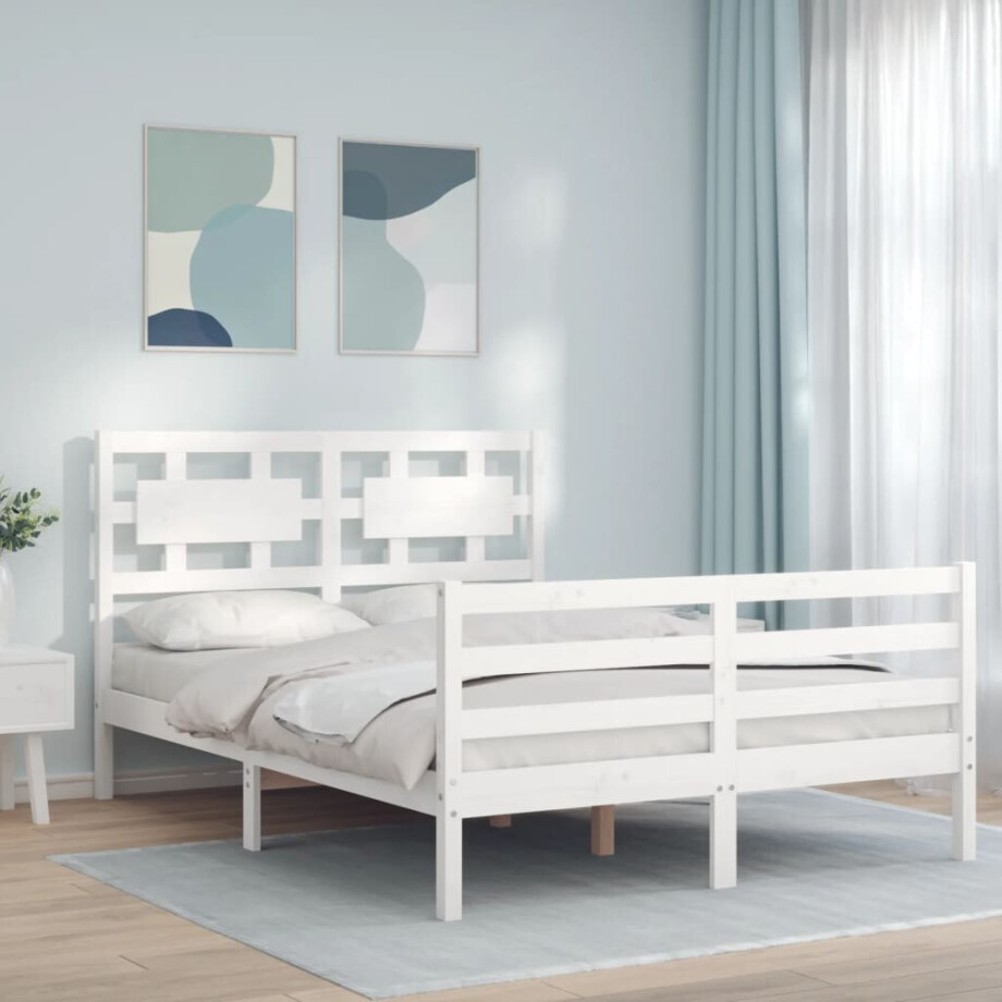 vidaXL Bedframe met hoofdbord massief hout wit afbeelding 1