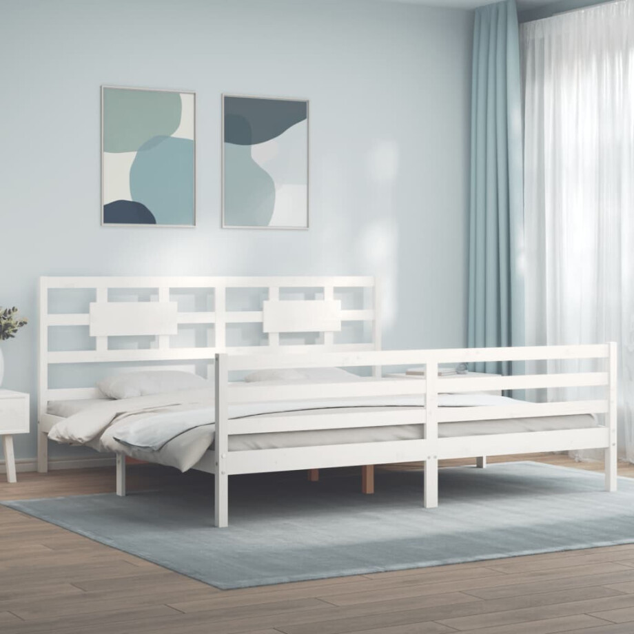 vidaXL Bedframe met hoofdbord massief hout wit 200x200 cm afbeelding 1